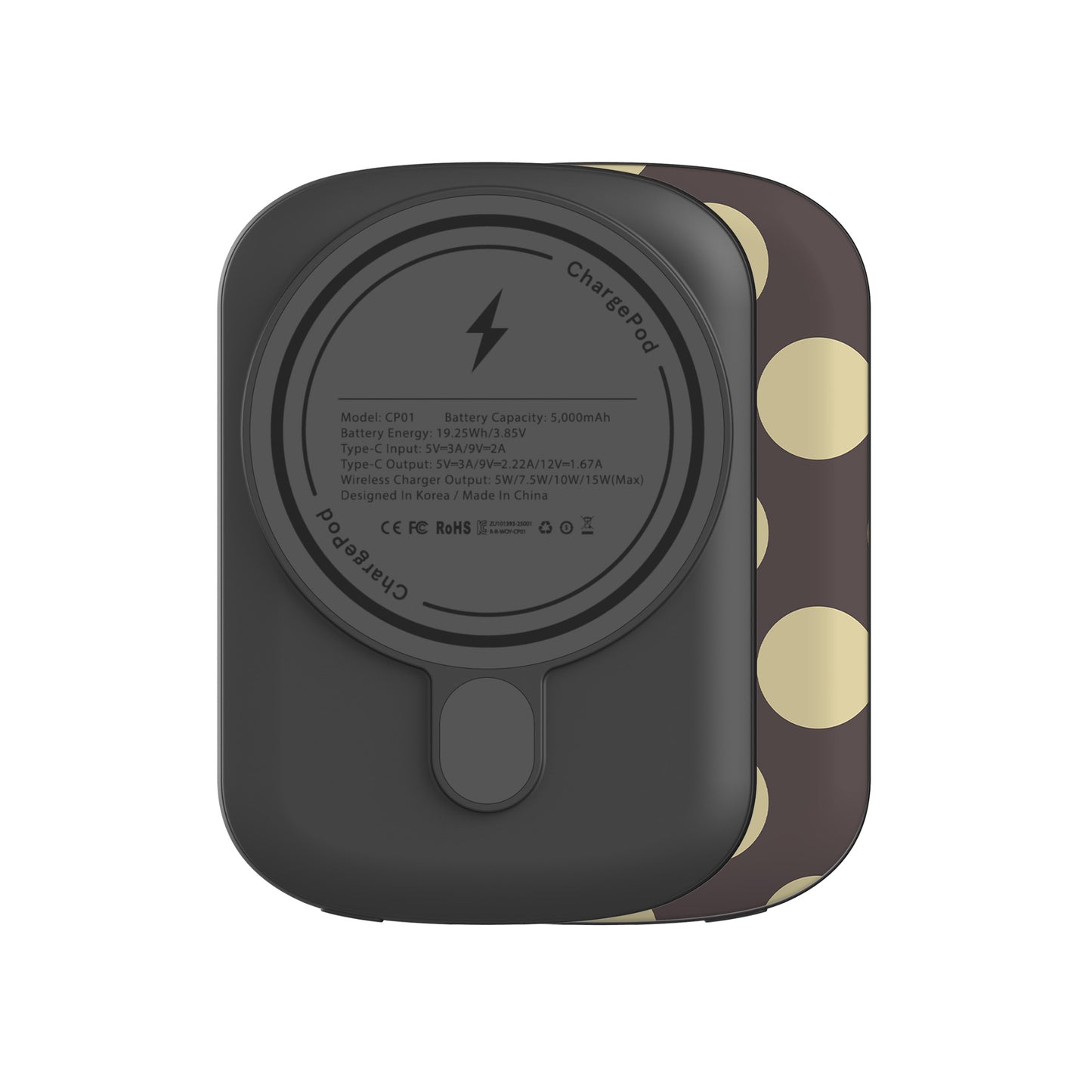 Vanilla Truffle 5000 mAh Power Bank featuring oversized creamy vanilla polka dots on a rich cocoa-brown background.