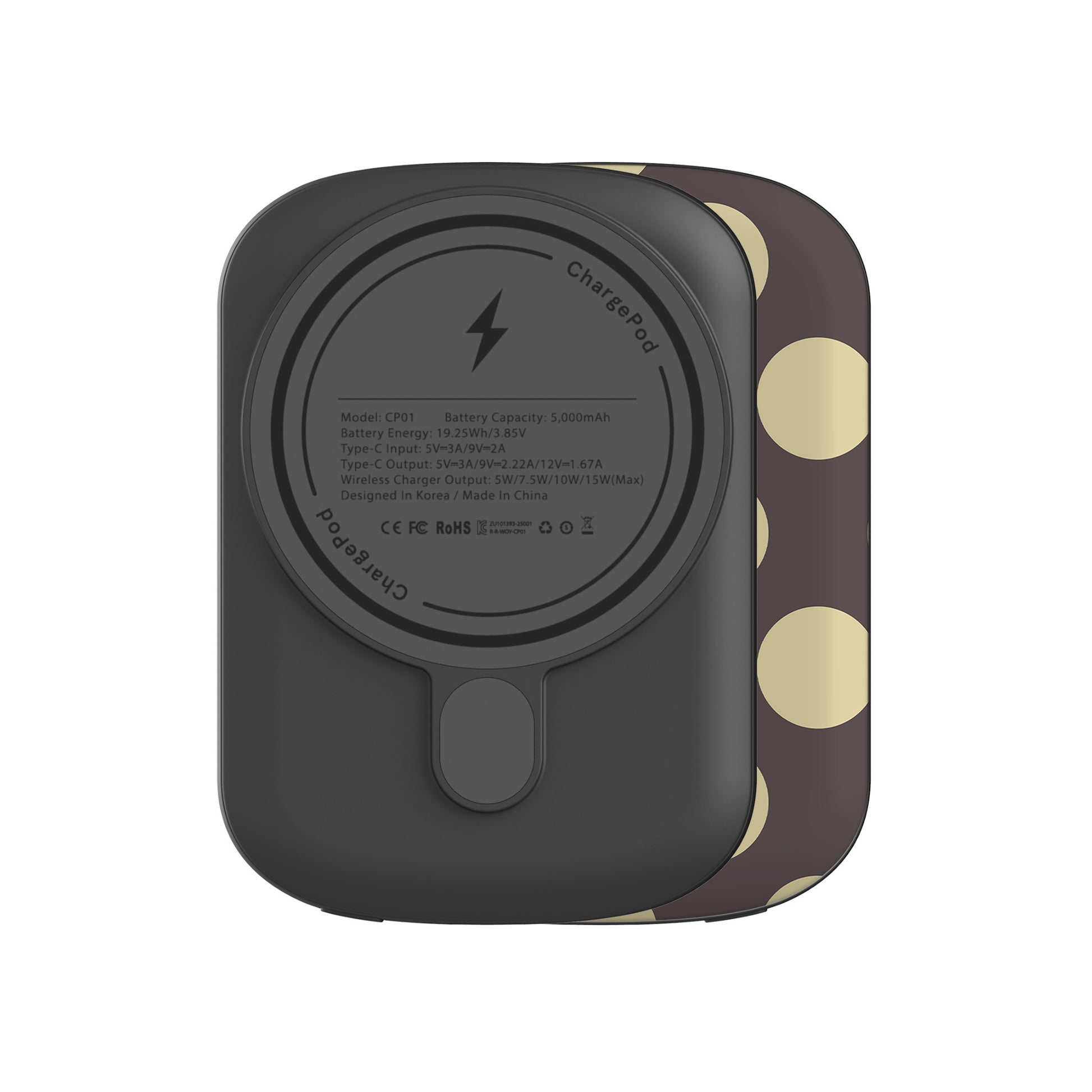 Vanilla Truffle 5000 mAh Power Bank featuring oversized creamy vanilla polka dots on a rich cocoa-brown background.