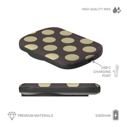 Vanilla Truffle 5000 mAh Power Bank featuring oversized creamy vanilla polka dots on a rich cocoa-brown background.
