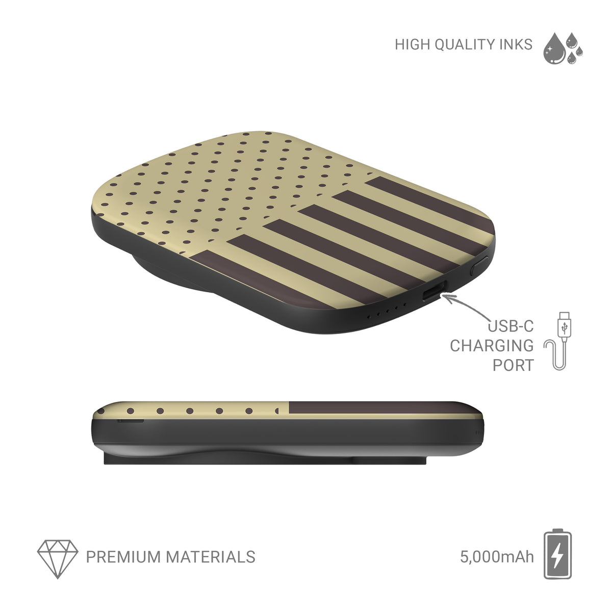 Cocoa Wafer 5000 mAh Power Bank featuring small cocoa-brown polka dots above bold vertical cocoa-brown stripes on a creamy vanilla background.