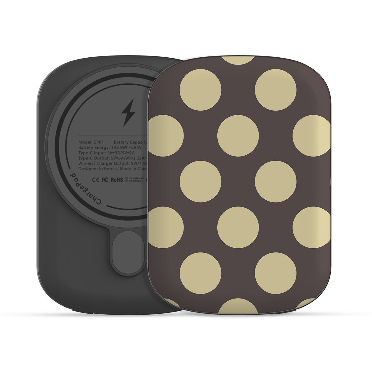 Vanilla Truffle 5000 mAh Power Bank featuring oversized creamy vanilla polka dots on a rich cocoa-brown background.
