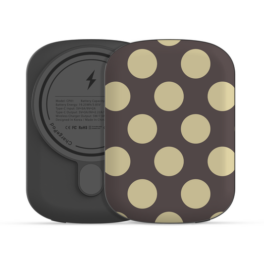 Vanilla Truffle 5000 mAh Power Bank featuring oversized creamy vanilla polka dots on a rich cocoa-brown background.