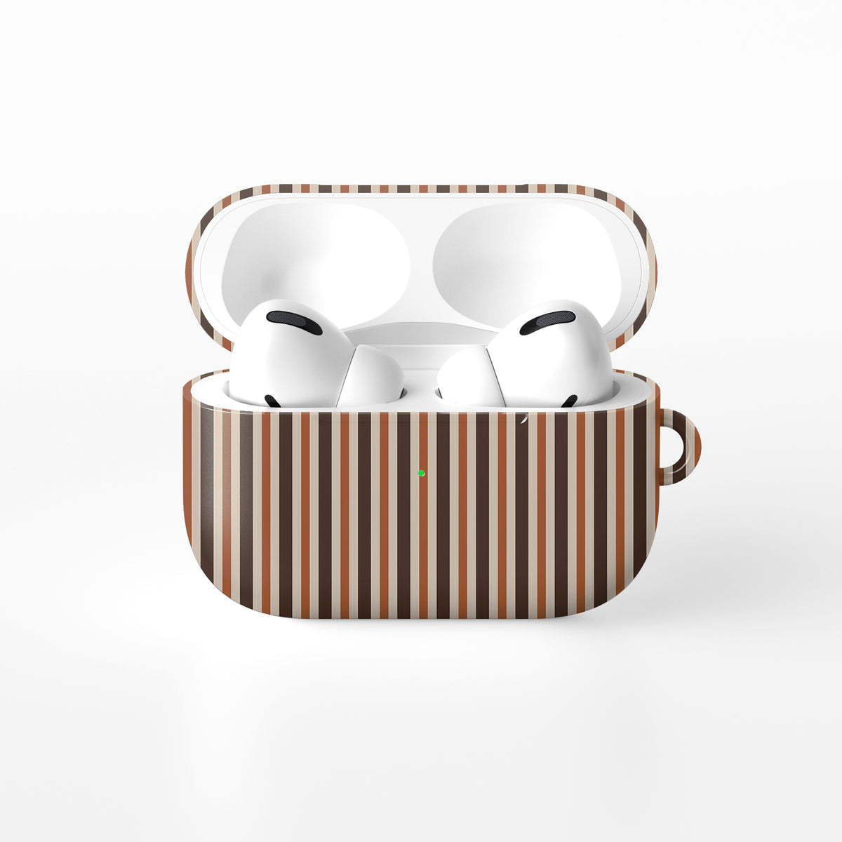 Chestnut Ticking AirPods case with fine chestnut brown and cream vertical ticking stripes.