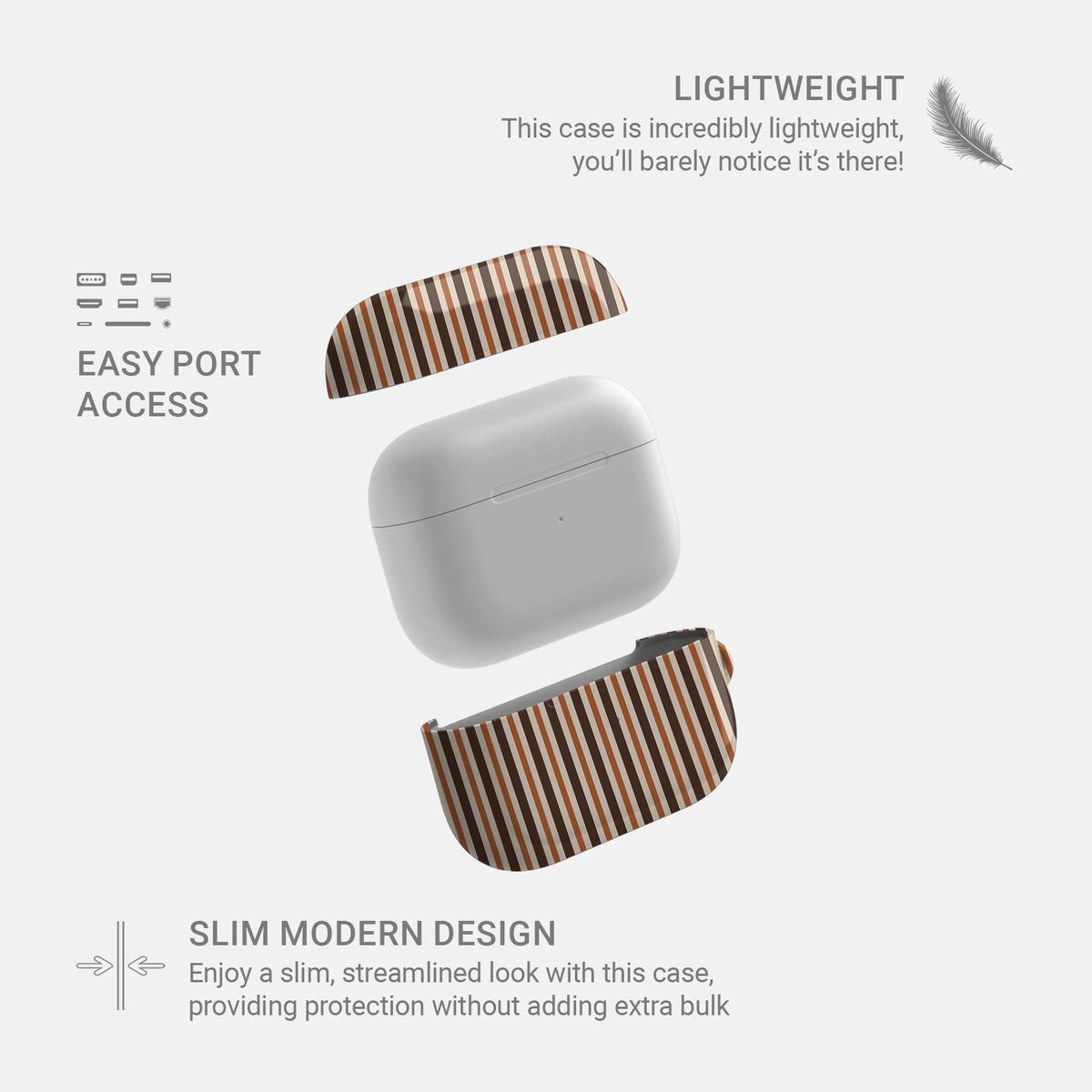 Chestnut Ticking AirPods case with fine chestnut brown and cream vertical ticking stripes.
