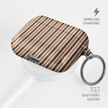 Chestnut Ticking AirPods case with fine chestnut brown and cream vertical ticking stripes.