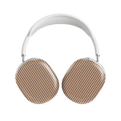 Chestnut Ticking AirPods Max ear-cup shells with fine chestnut brown and cream vertical ticking stripes.