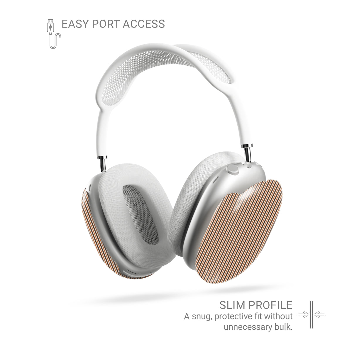 Chestnut Ticking AirPods Max ear-cup shells with fine chestnut brown and cream vertical ticking stripes.
