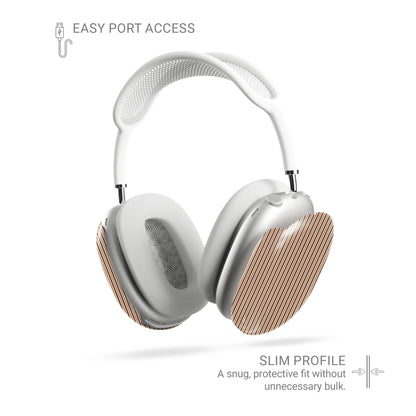 Chestnut Ticking AirPods Max ear-cup shells with fine chestnut brown and cream vertical ticking stripes.