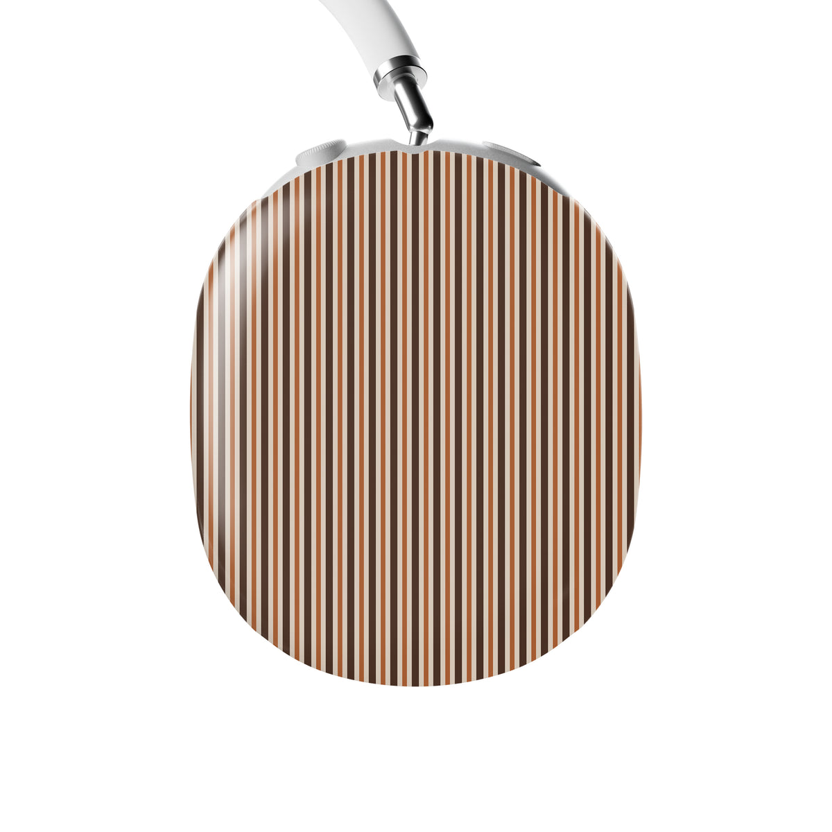 Chestnut Ticking AirPods Max ear-cup shells with fine chestnut brown and cream vertical ticking stripes.