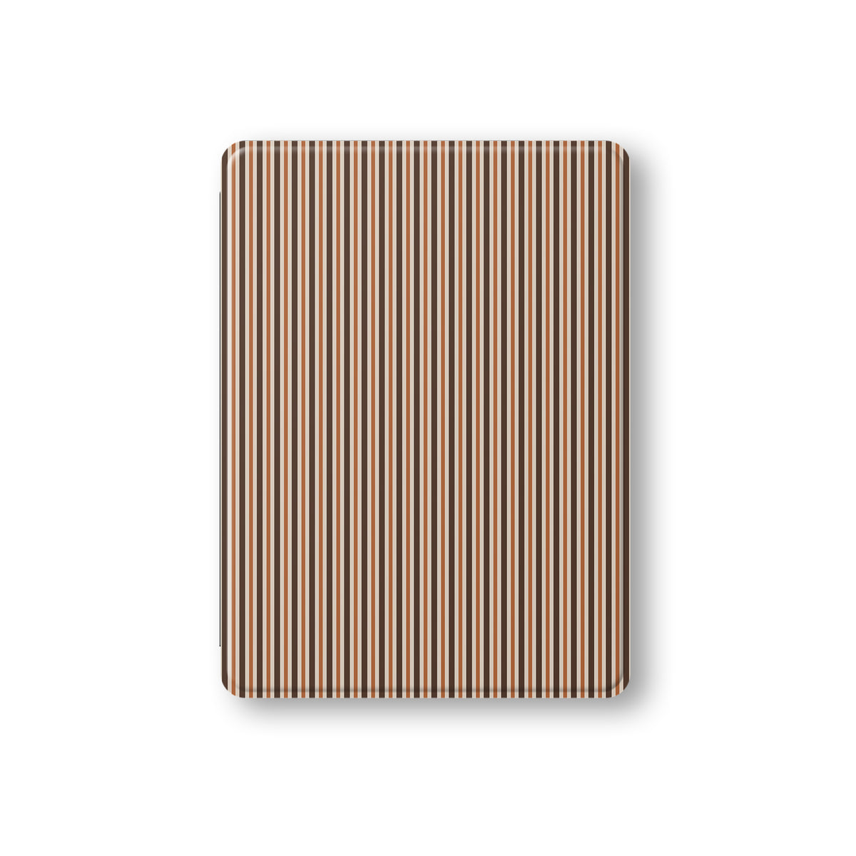 Chestnut Ticking iPad case with fine chestnut-brown and cream stripes in a warm heritage ticking pattern.