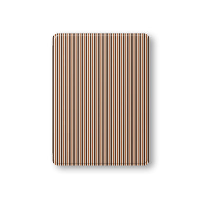 Chestnut Ticking iPad case with fine chestnut-brown and cream stripes in a warm heritage ticking pattern.