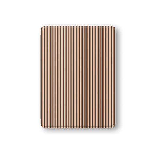 Chestnut Ticking iPad case with fine chestnut-brown and cream stripes in a warm heritage ticking pattern.