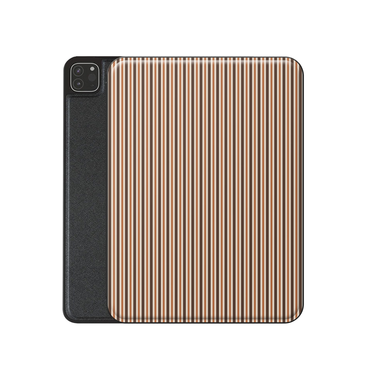 Chestnut Ticking iPad case with fine chestnut-brown and cream stripes in a warm heritage ticking pattern.