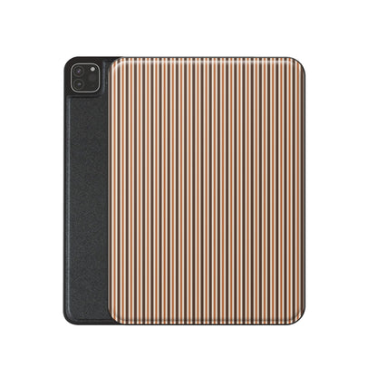 Chestnut Ticking iPad case with fine chestnut-brown and cream stripes in a warm heritage ticking pattern.