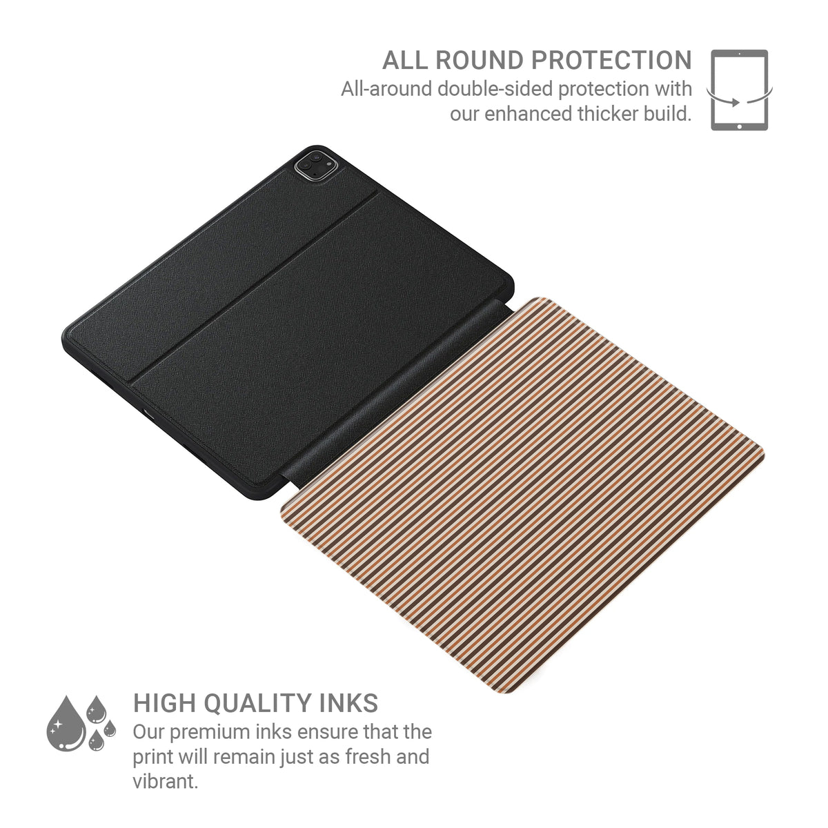 Chestnut Ticking iPad case with fine chestnut-brown and cream stripes in a warm heritage ticking pattern.