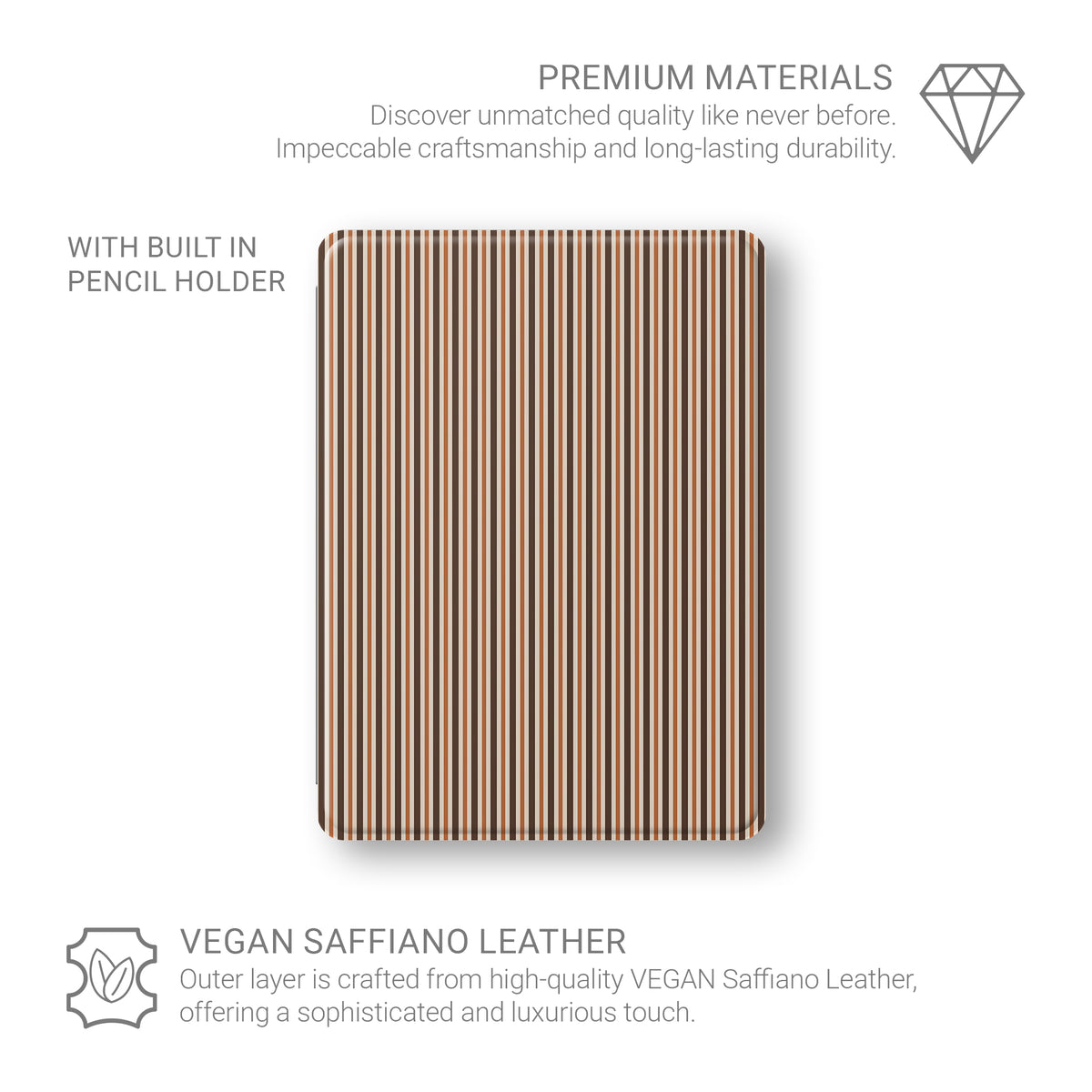 Chestnut Ticking iPad case with fine chestnut-brown and cream stripes in a warm heritage ticking pattern.