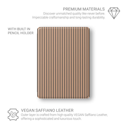 Chestnut Ticking iPad case with fine chestnut-brown and cream stripes in a warm heritage ticking pattern.