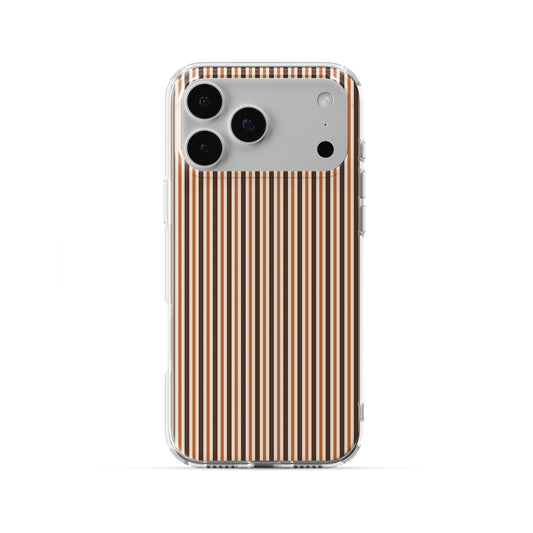 Chestnut Ticking Clear phone case with fine chestnut brown and cream vertical ticking stripes.