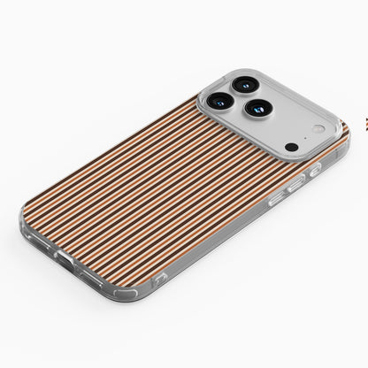 Chestnut Ticking Clear phone case with fine chestnut brown and cream vertical ticking stripes.