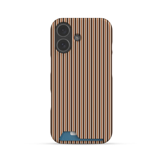 Chestnut Ticking Card-Holder phone case with fine chestnut brown and cream vertical ticking stripes.