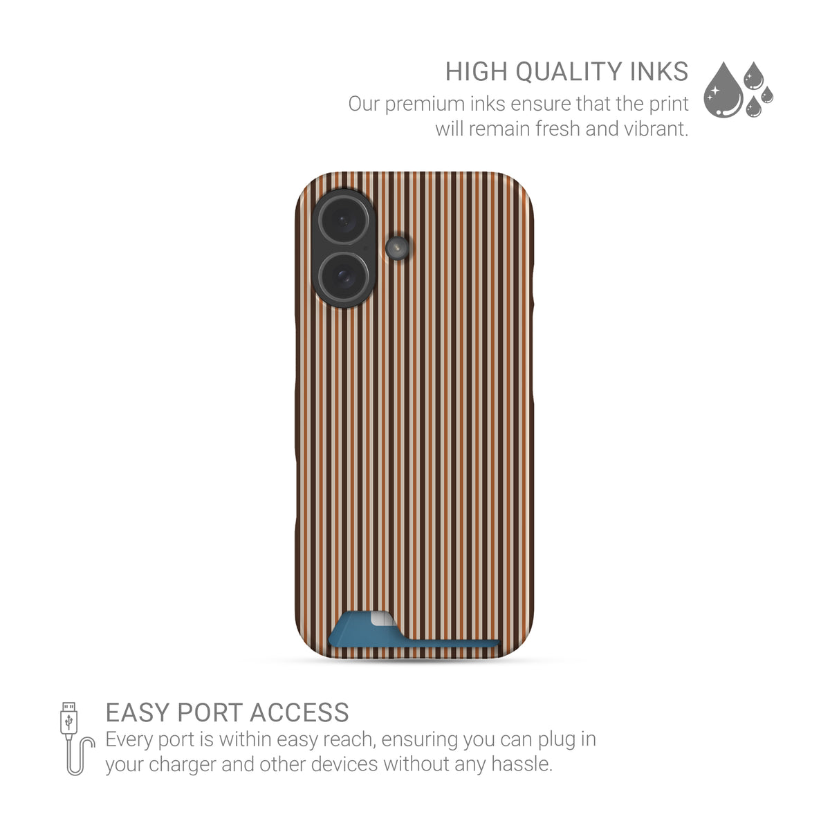 Chestnut Ticking Card-Holder phone case with fine chestnut brown and cream vertical ticking stripes.