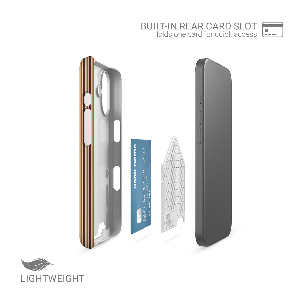 Chestnut Ticking Card-Holder phone case with fine chestnut brown and cream vertical ticking stripes.