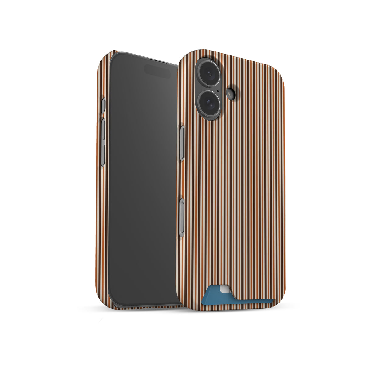 Chestnut Ticking Card-Holder phone case with fine chestnut brown and cream vertical ticking stripes.