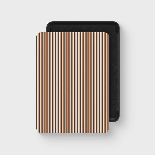 Chestnut Ticking Kindle case with fine chestnut brown and cream vertical stripes inspired by traditional ticking fabric.