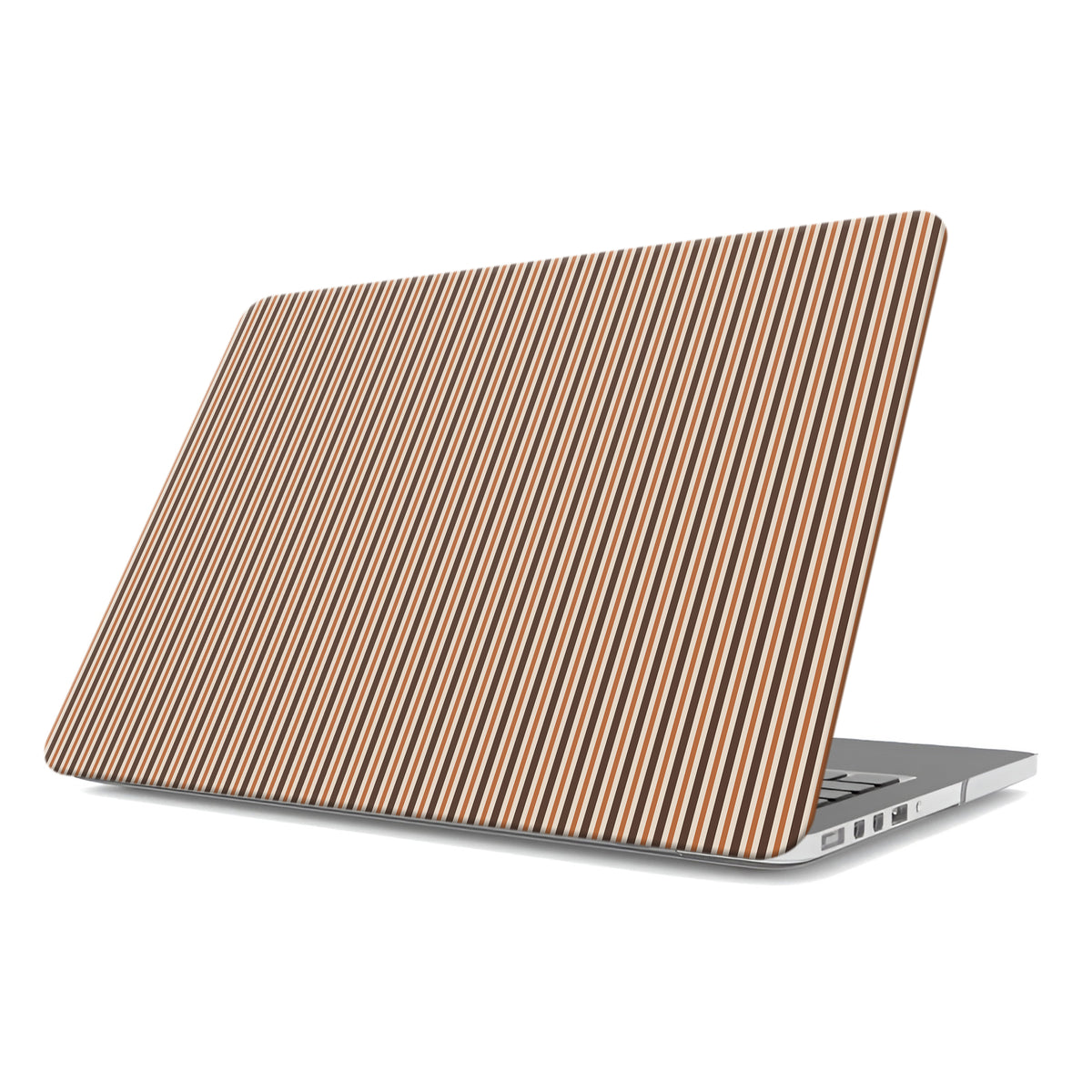 Chestnut Ticking MacBook shell with fine chestnut-brown and cream stripes in a warm heritage-inspired pattern.