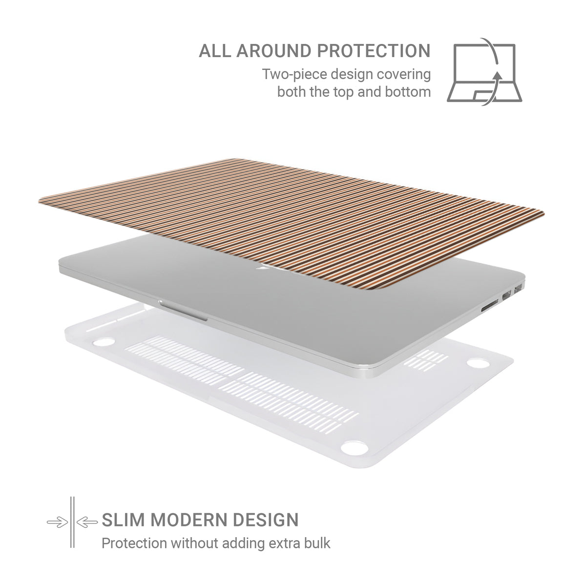 Chestnut Ticking MacBook shell with fine chestnut-brown and cream stripes in a warm heritage-inspired pattern.