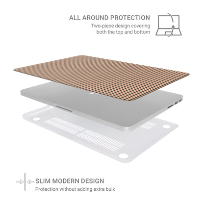 Chestnut Ticking MacBook shell with fine chestnut-brown and cream stripes in a warm heritage-inspired pattern.