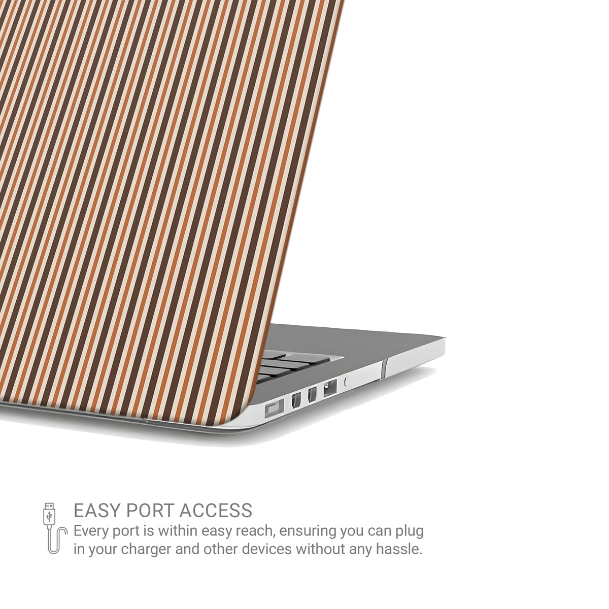Chestnut Ticking MacBook shell with fine chestnut-brown and cream stripes in a warm heritage-inspired pattern.