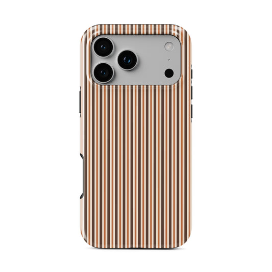 Chestnut Ticking MagSafe Tough phone case with fine chestnut brown and cream vertical ticking stripes.