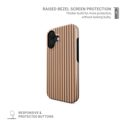 Chestnut Ticking MagSafe Tough phone case with fine chestnut brown and cream vertical ticking stripes.