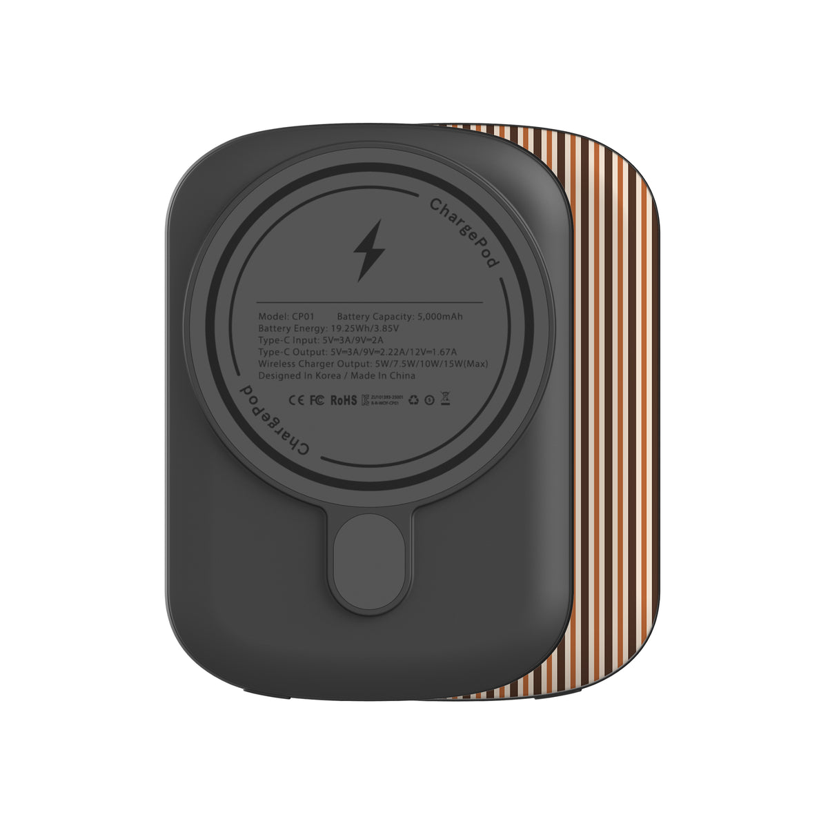 Chestnut Ticking power bank with fine chestnut brown and cream vertical ticking stripes.