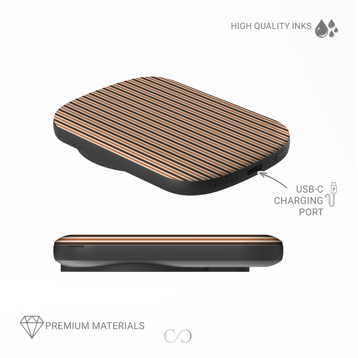 Chestnut Ticking power bank with fine chestnut brown and cream vertical ticking stripes.