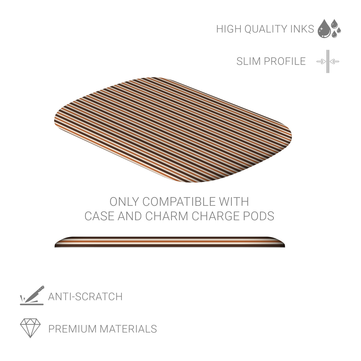 Chestnut Ticking interchangeable power bank shell with fine chestnut-brown and cream stripes inspired by traditional ticking fabric.