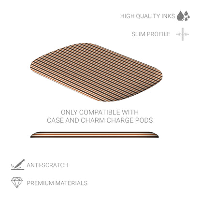 Chestnut Ticking interchangeable power bank shell with fine chestnut-brown and cream stripes inspired by traditional ticking fabric.