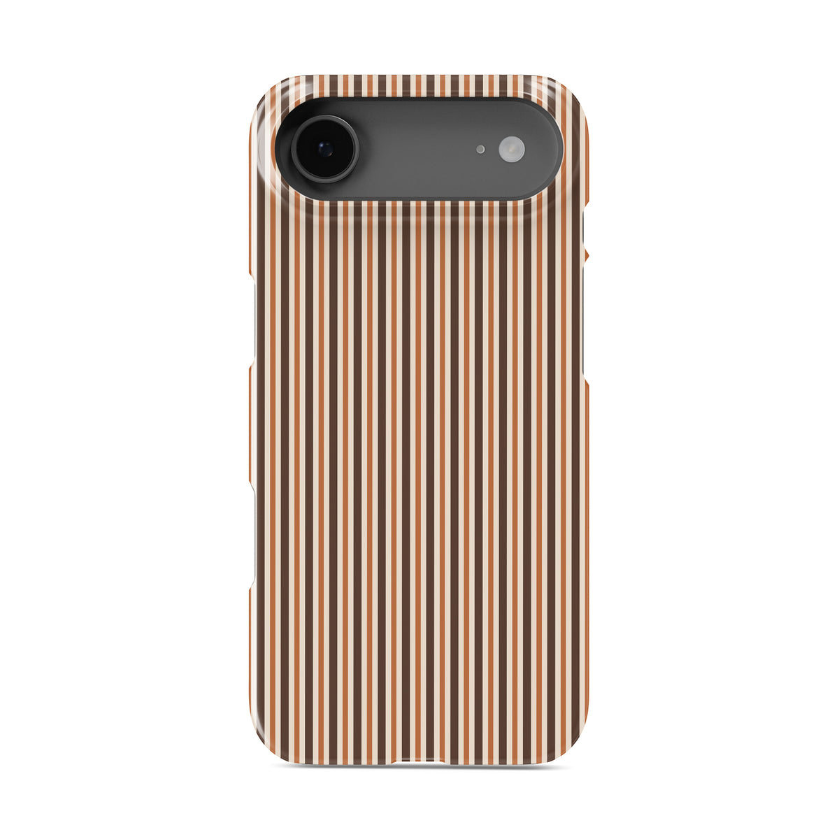 Chestnut Ticking Snap phone case with fine chestnut brown and cream vertical ticking stripes.