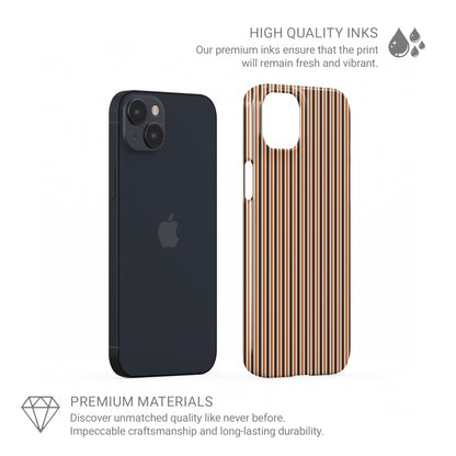 Chestnut Ticking Snap phone case with fine chestnut brown and cream vertical ticking stripes.