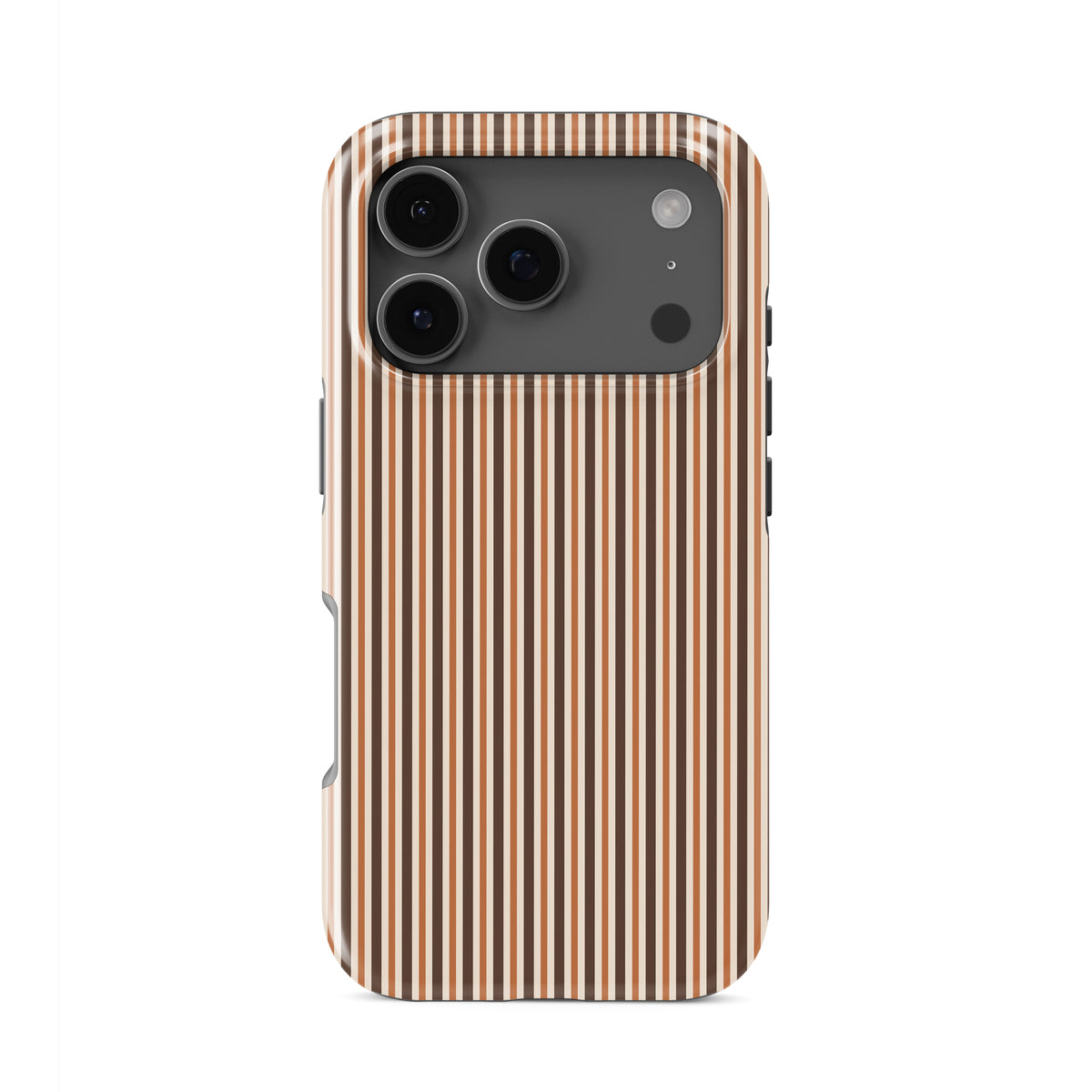 Chestnut Ticking Tough phone case with fine chestnut brown and cream vertical ticking stripes.