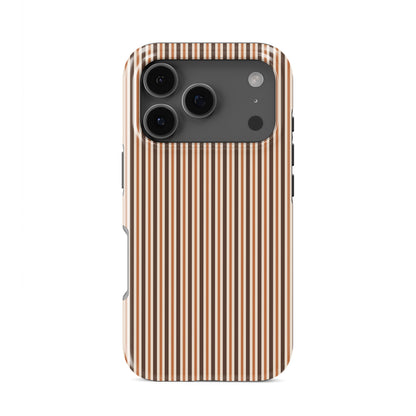 Chestnut Ticking Tough phone case with fine chestnut brown and cream vertical ticking stripes.