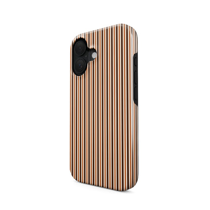 Chestnut Ticking Tough phone case with fine chestnut brown and cream vertical ticking stripes.