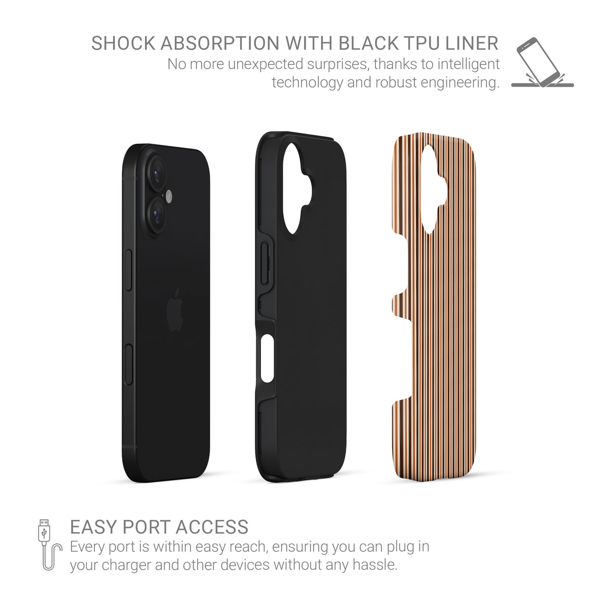 Chestnut Ticking Tough phone case with fine chestnut brown and cream vertical ticking stripes.