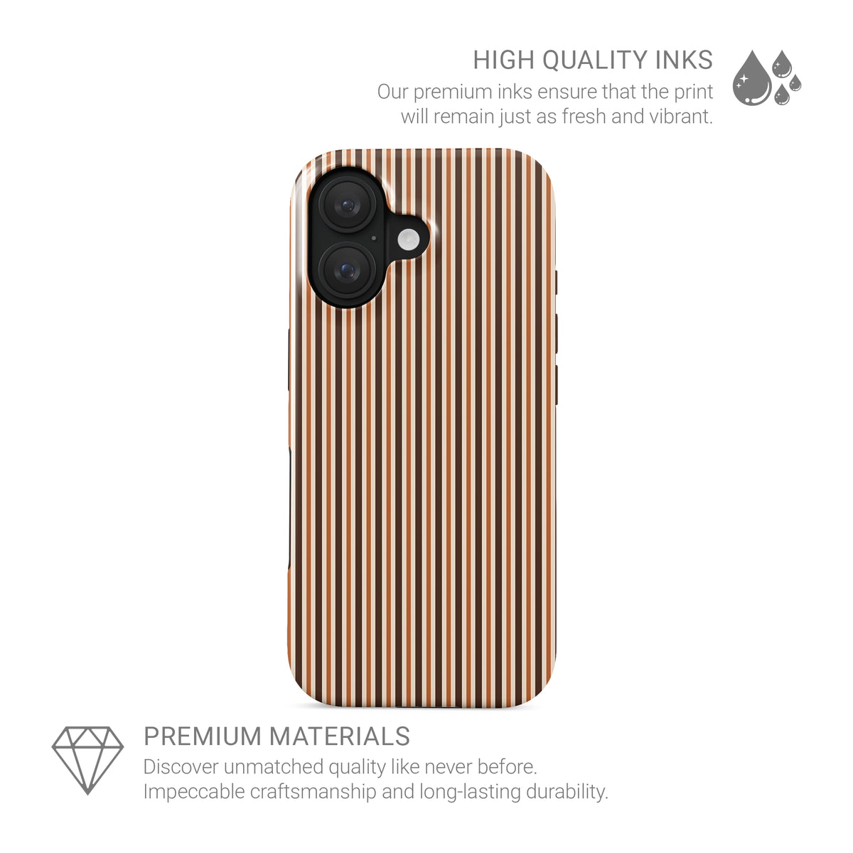 Chestnut Ticking Tough phone case with fine chestnut brown and cream vertical ticking stripes.