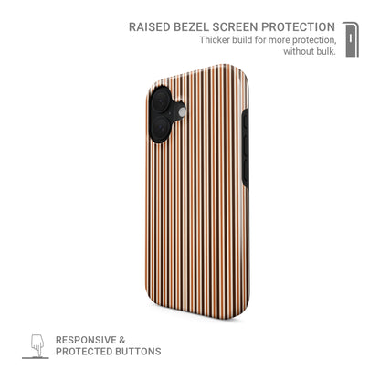 Chestnut Ticking Tough phone case with fine chestnut brown and cream vertical ticking stripes.