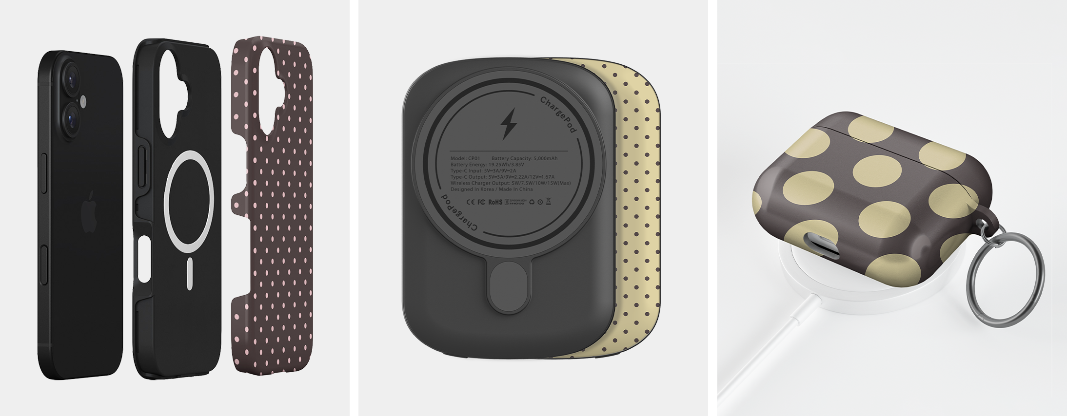 The Truffle Parlour iPhone MagSafe case, magnetic power bank and AirPods case featuring chocolate brown, soft pink and vanilla polka dot designs.