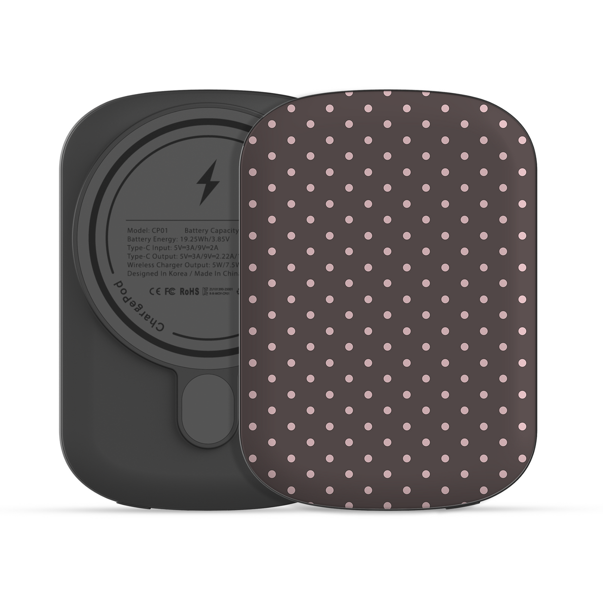 Strawberry Drops 5000 mAh Power Bank featuring small strawberry-pink polka dots on a rich cocoa-brown background.
