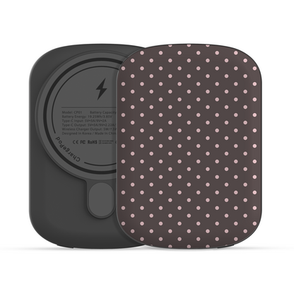Strawberry Drops 5000 mAh Power Bank featuring small strawberry-pink polka dots on a rich cocoa-brown background.