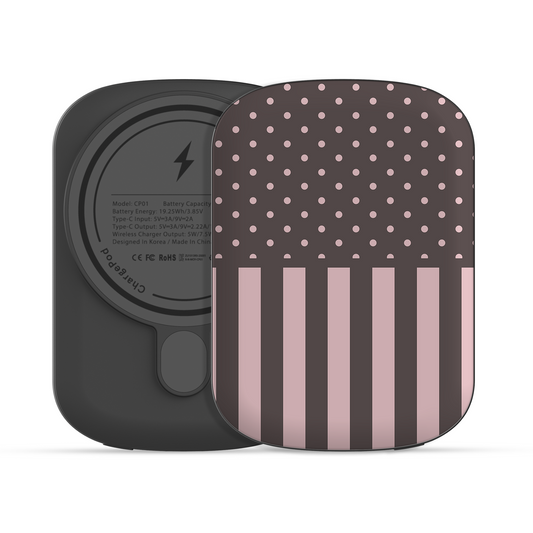 Strawberry Wafer 5000 mAh Power Bank featuring fine strawberry-pink polka dots above bold vertical strawberry-pink stripes on a cocoa-brown background.